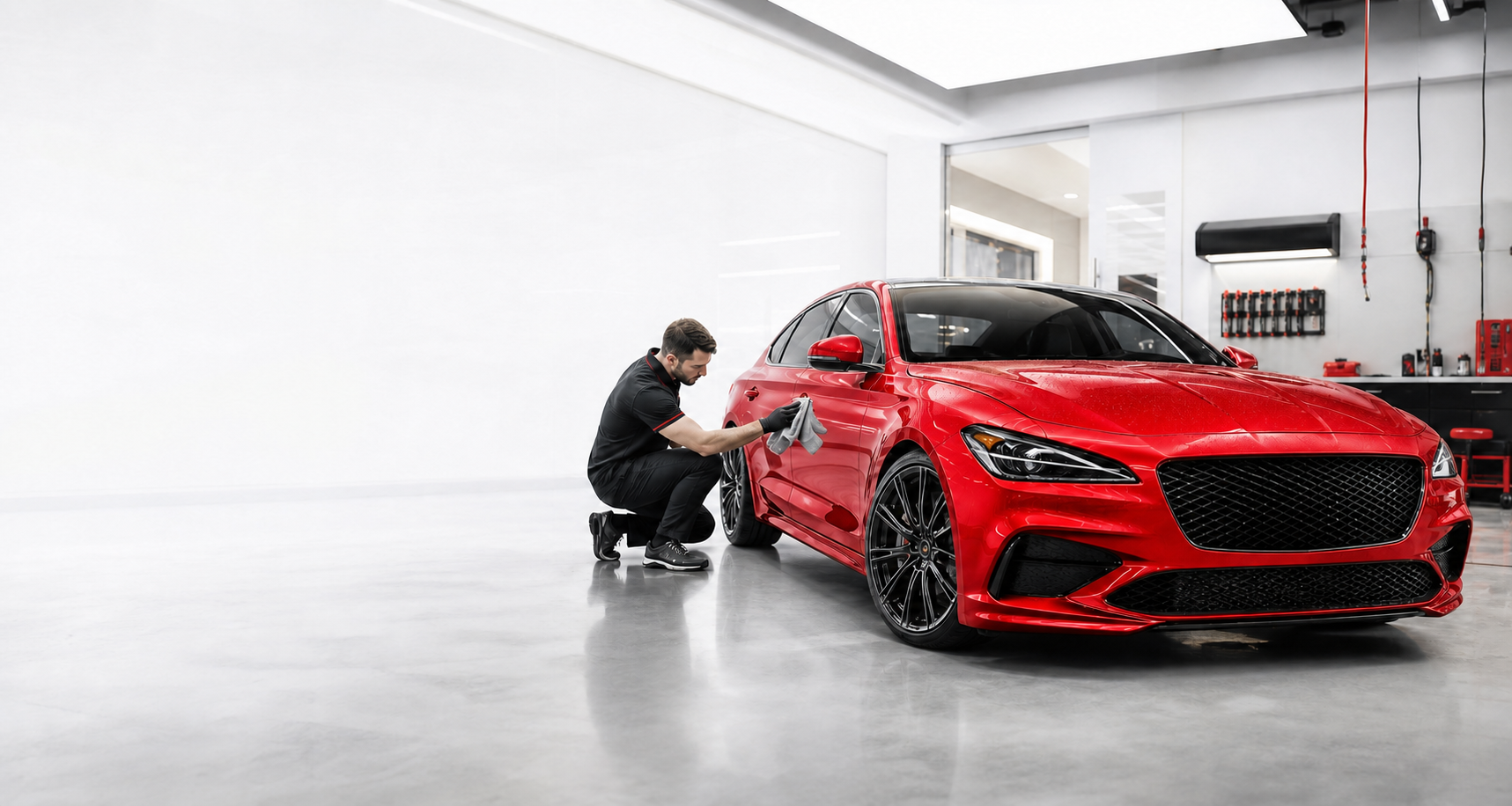 Красный автомобиль в светлой студии Detailing 154